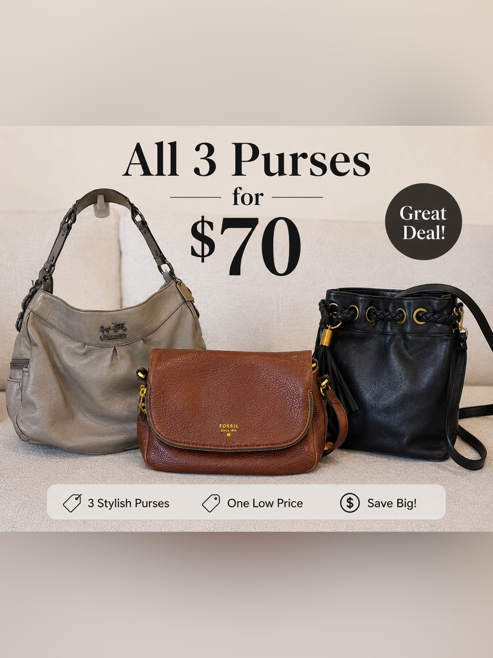 Three brand purses! Fossil Brown Pebbled Leather Crossbody with Gold Accents